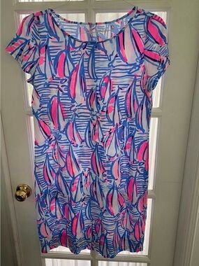 Bright Blue & Pink Printed Shift Dress red right return sailboat Margot